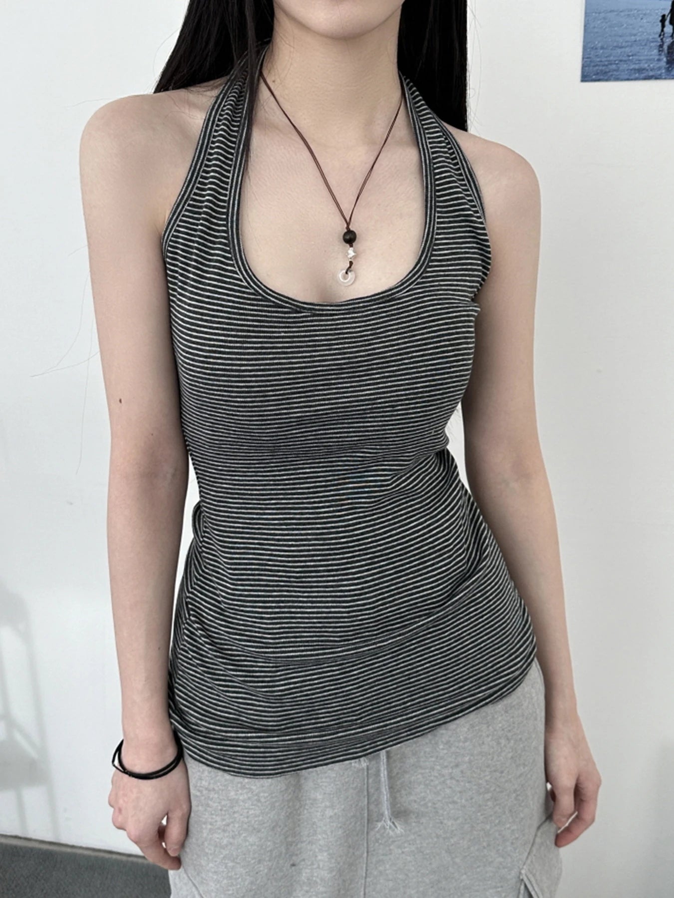 fashion Stripe Backless Sexy Halter Neck Bodycon Casual Sport Streetwear Hottie Camisole Summer Vintage Sleeveless Tops