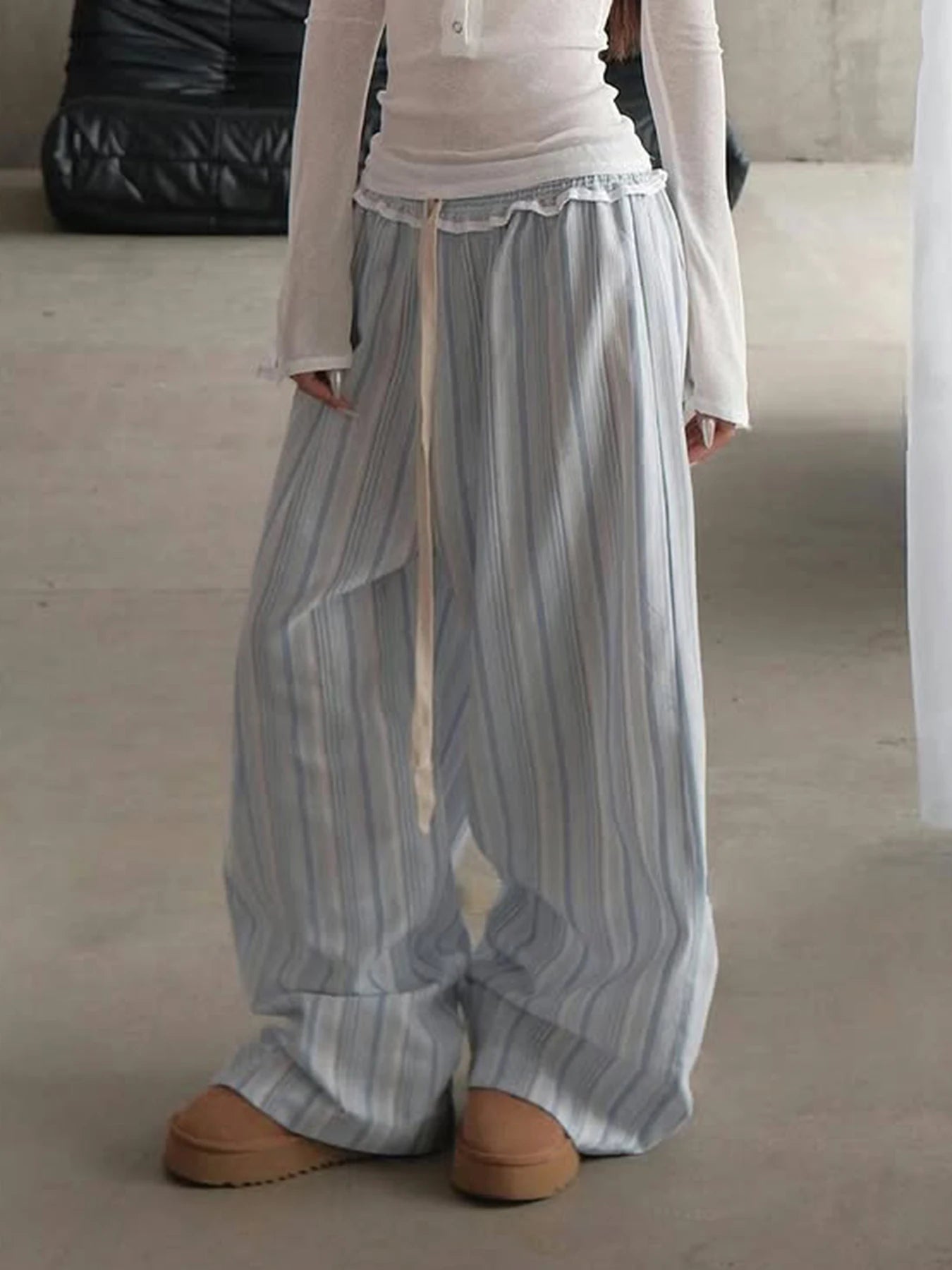 fashion Stringy Selvedge Stripe Casual Pants Drawstring Basic All-match Vintage Blue Chic Trousers Vacation Loose Bottoms
