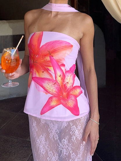 fashionFloral Print Halter Elastic Bustiers Sexy Slim Backless Summer Sleeveless Basic Clothings Vintage Retro Outfits
