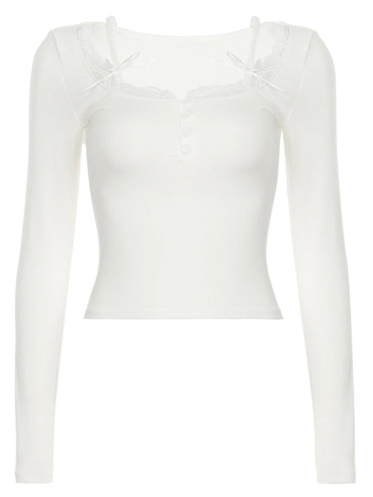 fashion Vintage Lace Patchwork Bows Button T-shirts Square Collar Solid Chic Long Sleeves Outfits Strap Retro Casual Cloth