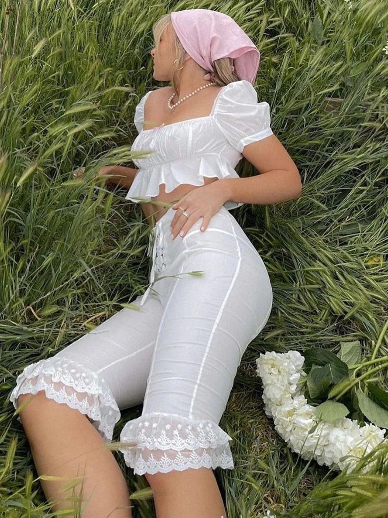 fashion Aesthetic Streetwear Basic White Middle Pants Lace Harajuku Slim Casual Elastic Bottoms Bandage Bodycon Trousers