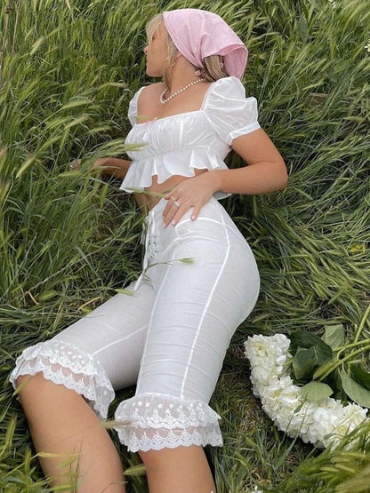 fashion Aesthetic Streetwear Basic White Middle Pants Lace Harajuku Slim Casual Elastic Bottoms Bandage Bodycon Trousers