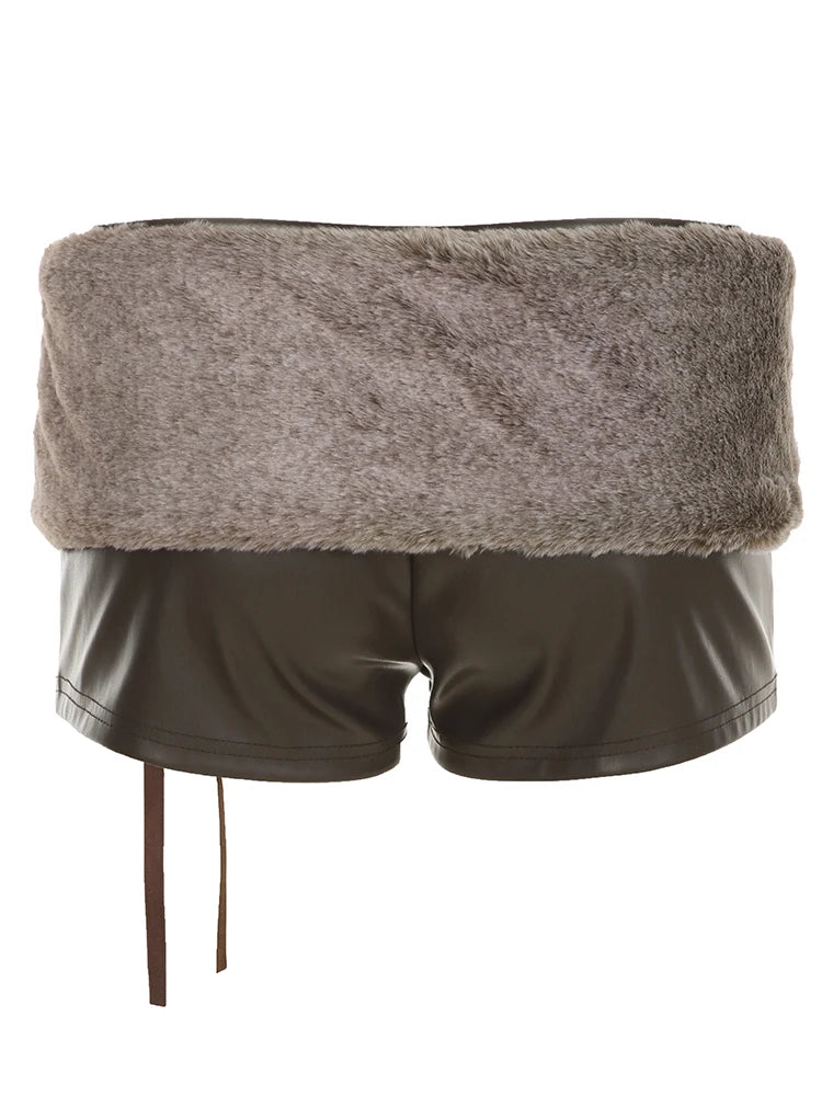 fashionLow Waisted Mini Leather Shorts Vintage Chic Furry Belts Casual Y2K Aesthetic Fashion Elastic Waist Bottoms