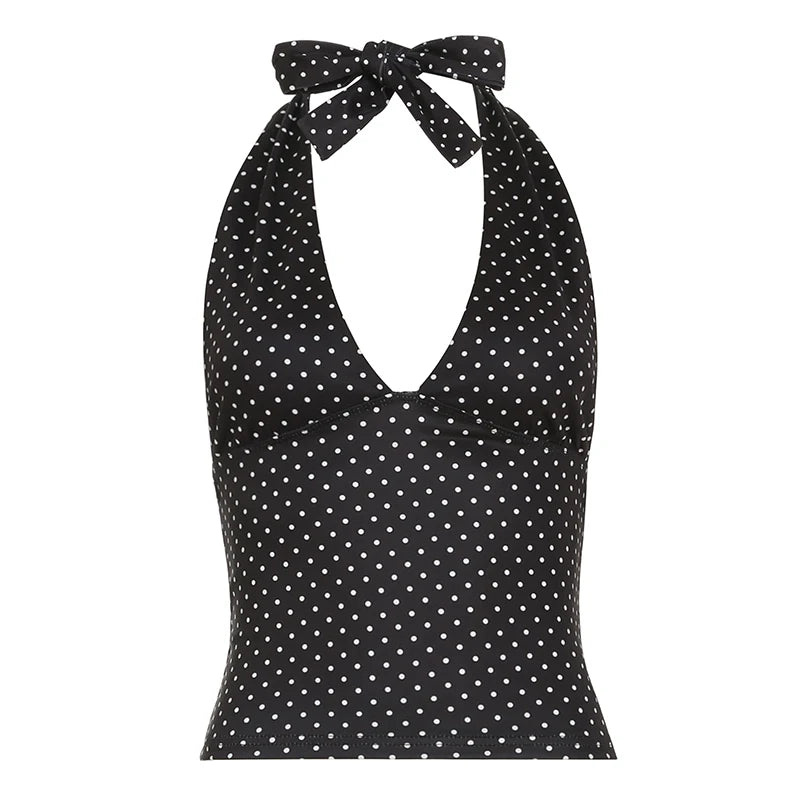 fashionSexy Deep V-neck Solid Halter Neck Backless Bow Polka Dot Elastic Bodycon Camisole Fashion Streetwear Corset Top