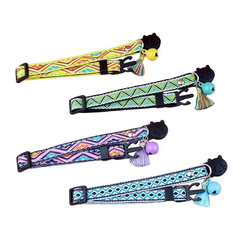 1pc Anti-suffocation Security Snap Cat Collar Jacquard Cat Necklace With Bell and Tassel Adjustable Puppy Collar Pet Accessories