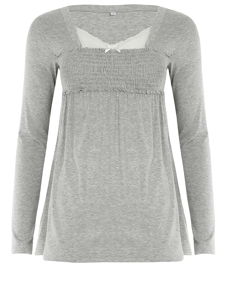 fashion Lace Patchwork Square Collar Sweet T-Shirts Y2K Aesthetic Fashion Long Sleeved Tops Vintage Harajuku Women Outfits