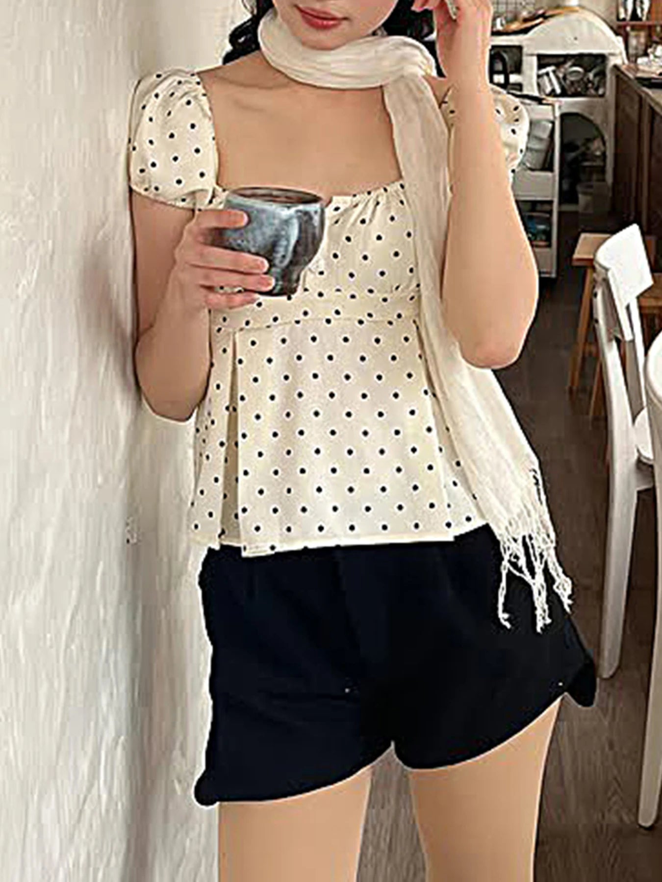 fashion Polka Dot Slim Buttom Casual Women's Clothing Square Collar Casual Chic Vintage Tops Streetwear Fold Basic T-shirt