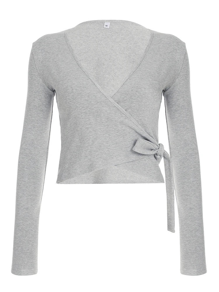 fashionBasic Solid Slim Lace-up Tee Shirts Long Sleeves V-neck Casual Chic Clothes Sporty Streetwear Four Color Knit Tops