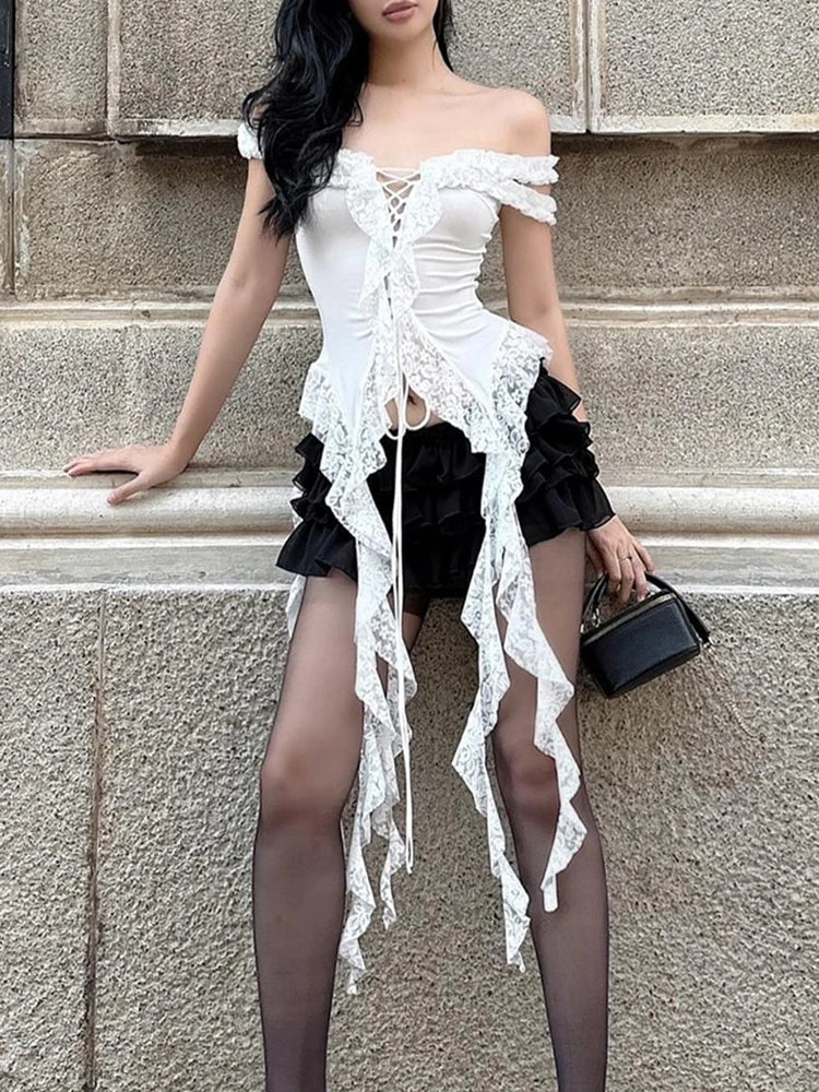 fashion Lace Patchwork Vacation Bandage Tops Sleeveless Sexy Chic Vintage Shirts Streetwear Slim Solid Bodycon Bustiers