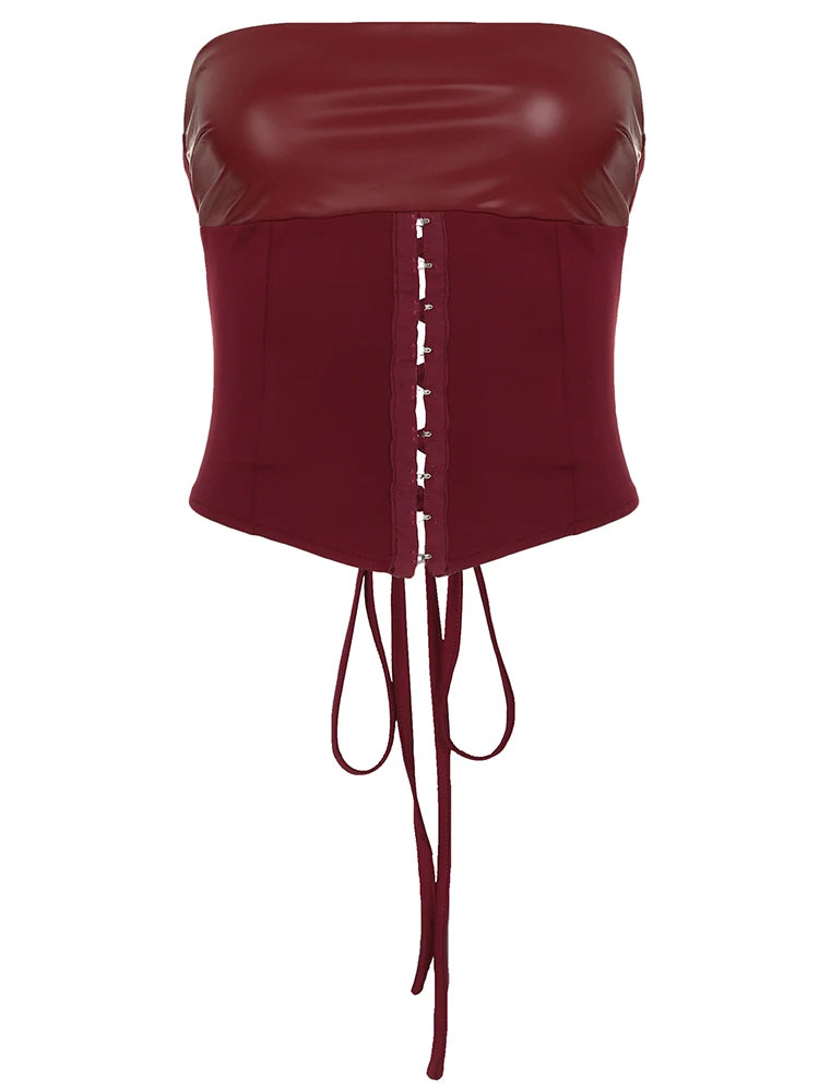 fashionSexy Backless Wine Two Pieces of Sets Women's Vintage Harajuku Chic Vest and Mini Skirts Casual Lace Up Clubwear