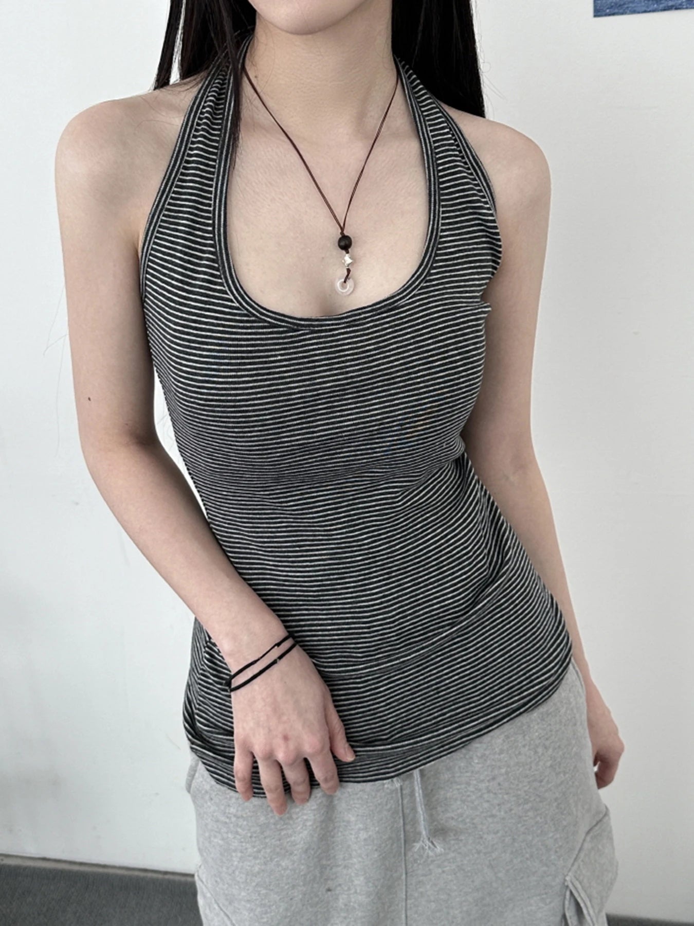 fashion Stripe Backless Sexy Halter Neck Bodycon Casual Sport Streetwear Hottie Camisole Summer Vintage Sleeveless Tops