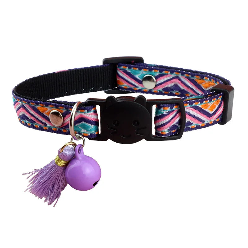 1pc Anti-suffocation Security Snap Cat Collar Jacquard Cat Necklace With Bell and Tassel Adjustable Puppy Collar Pet Accessories