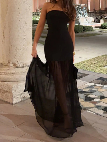 fashionSexy Hot Strapless Basic Mesh Dresses for Women Backless Split Elegant Evening Dress Casual Floor-length Dress
