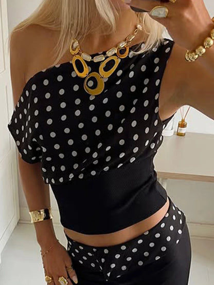 fashionPolka Dot Slim Patchwork Skew Collar Top Casual Chic Vintage Sleeveless Summer Clothings Streetwear Basic T-shirt