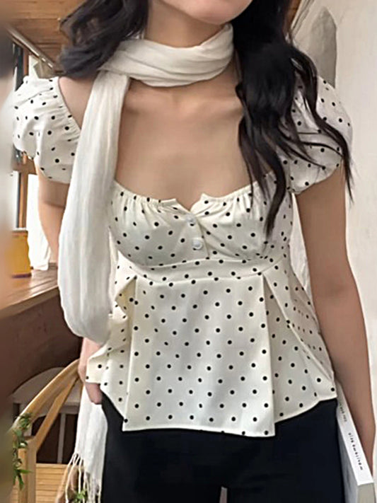 fashion Polka Dot Slim Buttom Casual Women's Clothing Square Collar Casual Chic Vintage Tops Streetwear Fold Basic T-shirt