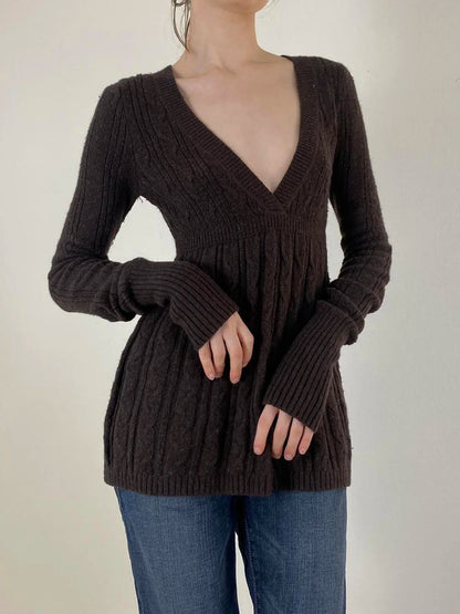 fashion Solid Vintage Knitted Sweaters Long Sleeves Aesthetic Slim Basics Loose Hem Clothes Casual Brown Pull Tops