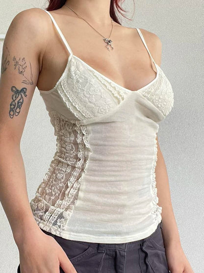 fashionLace Patchwork Sexy Backless Camisole Solid Basic Streetwear Fashion Top Slim Chic 90s Vintage Summer Bustiers