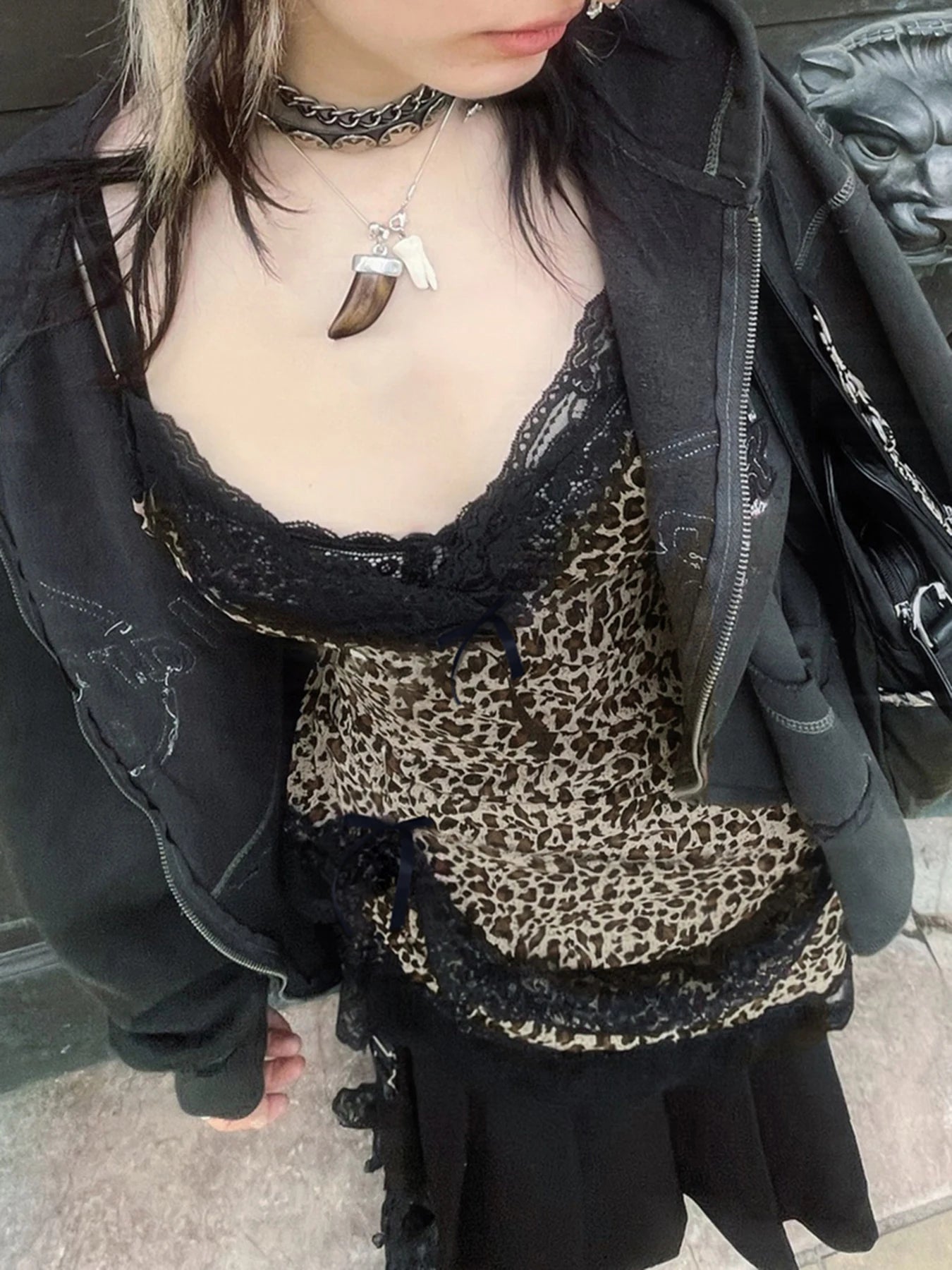 fashionLace Patchwork Y2K Camisole Leopard Print Y2K Backless Sexy Cute Tops V-neck Sleeveless Fairycore 2000s Clothes