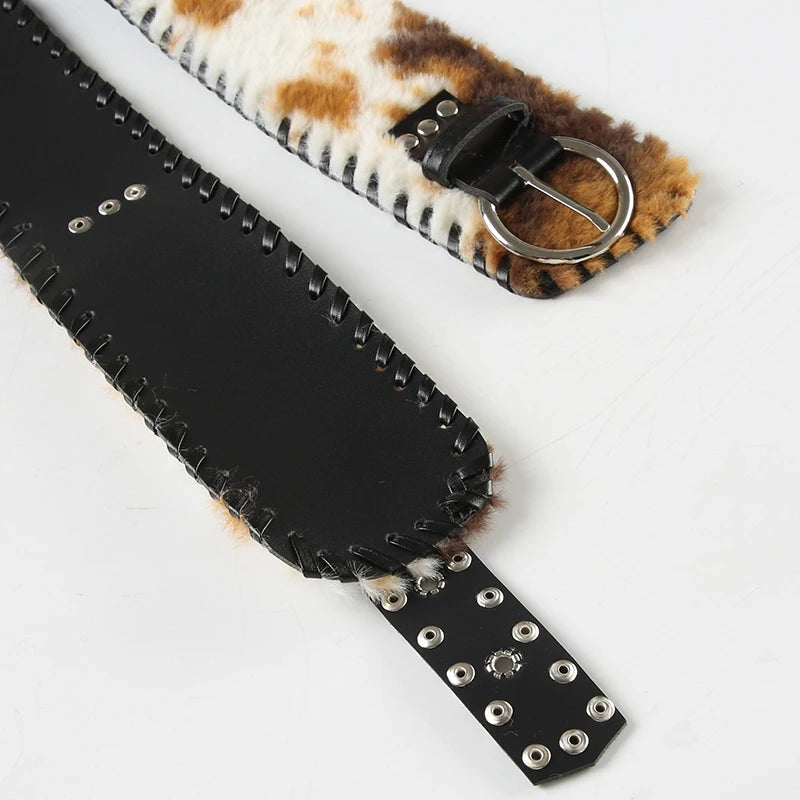 fashion New Cow Stripe Furry PU Belts Fairycore Grunge Leather Sashes Y2K Fashion Aesthetic Chic Adjustable Accessories