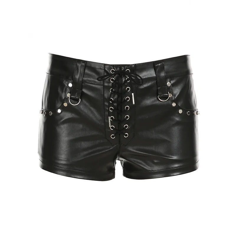 fashion Bandage Metal Pockets Dark Shorts Leather Sexy Hottie Bodycon Fashion Solid Clothes Casual Streetwear Bottoms