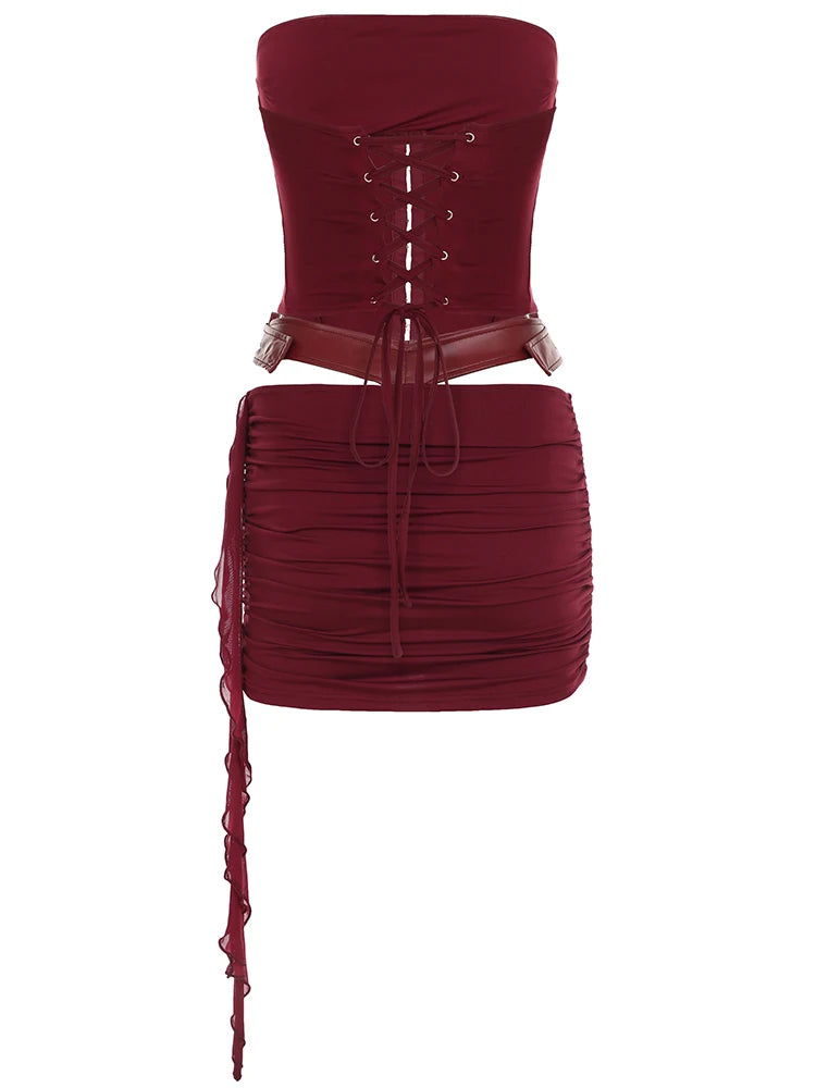 fashionSexy Backless Wine Two Pieces of Sets Women's Vintage Harajuku Chic Vest and Mini Skirts Casual Lace Up Clubwear