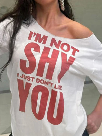 fashionLetter Print American Style Sexy Tops Off Shoulder Loose Fashion Casual Clothings Baggy Basic All-match Outfits