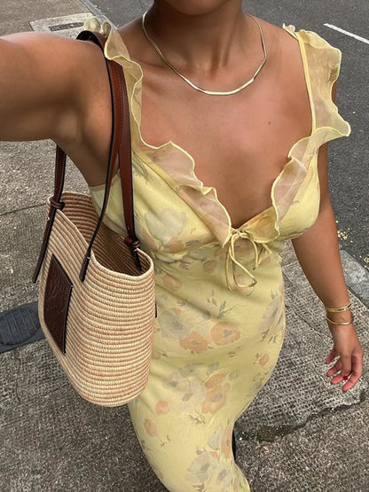 fashion Floral Print Ruffles Dresses Sexy Printed Fish Tail Party Dress Summer Chic Harajuku Vacation Long Outfits