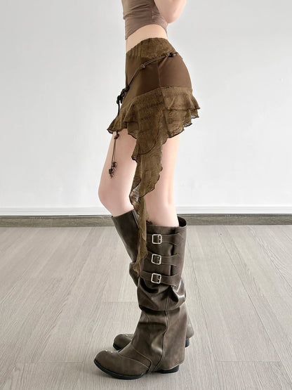 fashionIrregular Mesh Patchwork Belt Skirts Chic Fashion Vintage Retro Sexy Harajuku Clothings Hottie High Street Bottoms
