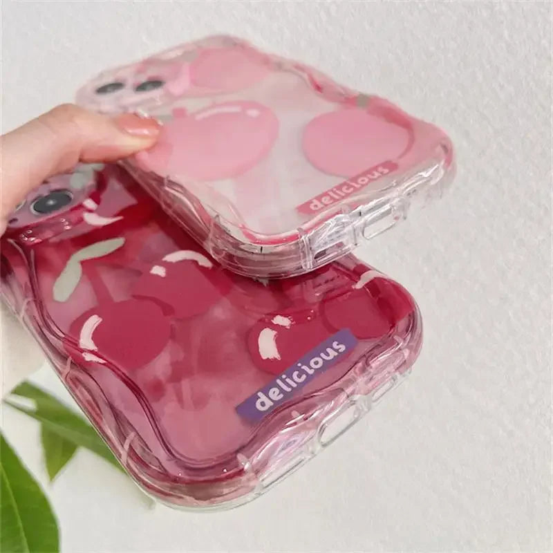 Flower Love Heart Cherry Phone Case For IPhone 16 15 Pro Max 14 11 13 12 Mini XR 8 7 Plus X XS SE 2020 2022 Soft Wavy Edge Cover