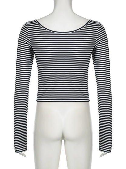 fashionStripe All-match Basic Slim Tshirt Vintage Streetwear Korean Casual Fashion Clothings Elastic Cropped Elegant Tops