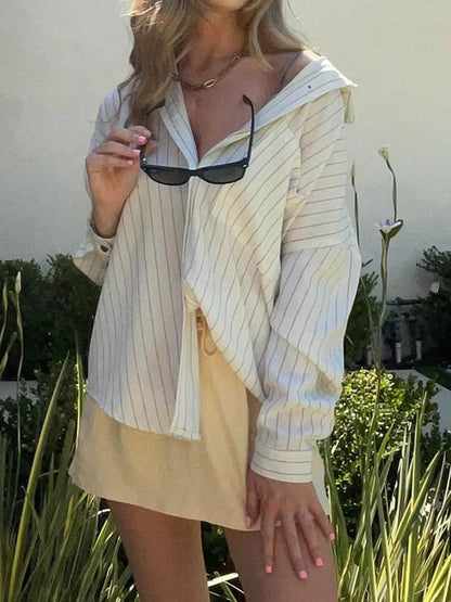 fashionStripe Loose Casual Blouses Lapel Vintage Button Harajuku Y2k 90s Basic Tees Korea Streetwear Fashion Baggy Tops