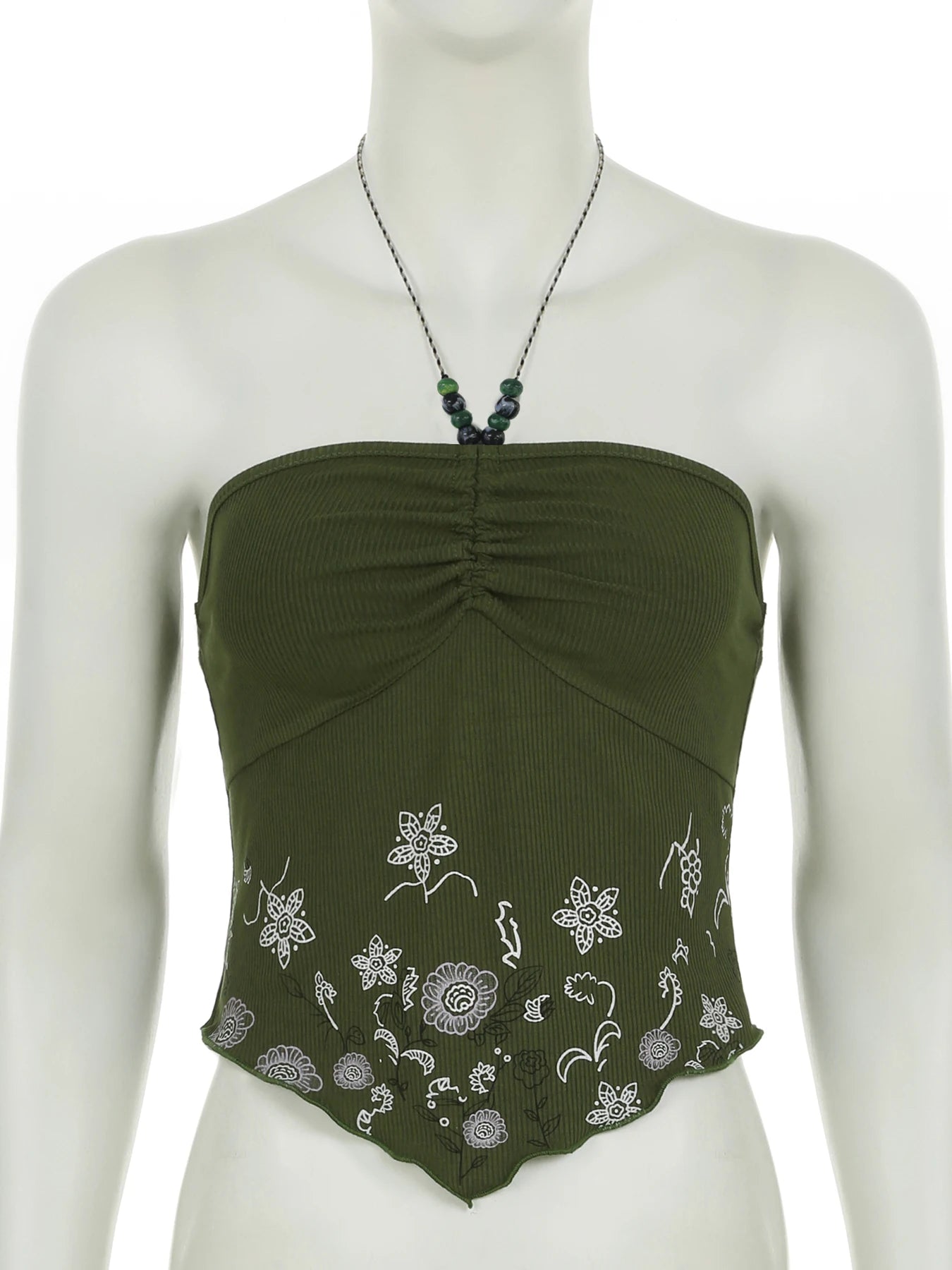 fashionRetro Floral Print Beads Sexy Camisole Vintage Streetwear Slim Backless Elastic Top Irregular Shirring Bustier