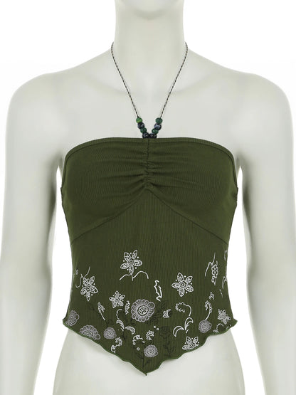 fashionRetro Floral Print Beads Sexy Camisole Vintage Streetwear Slim Backless Elastic Top Irregular Shirring Bustier