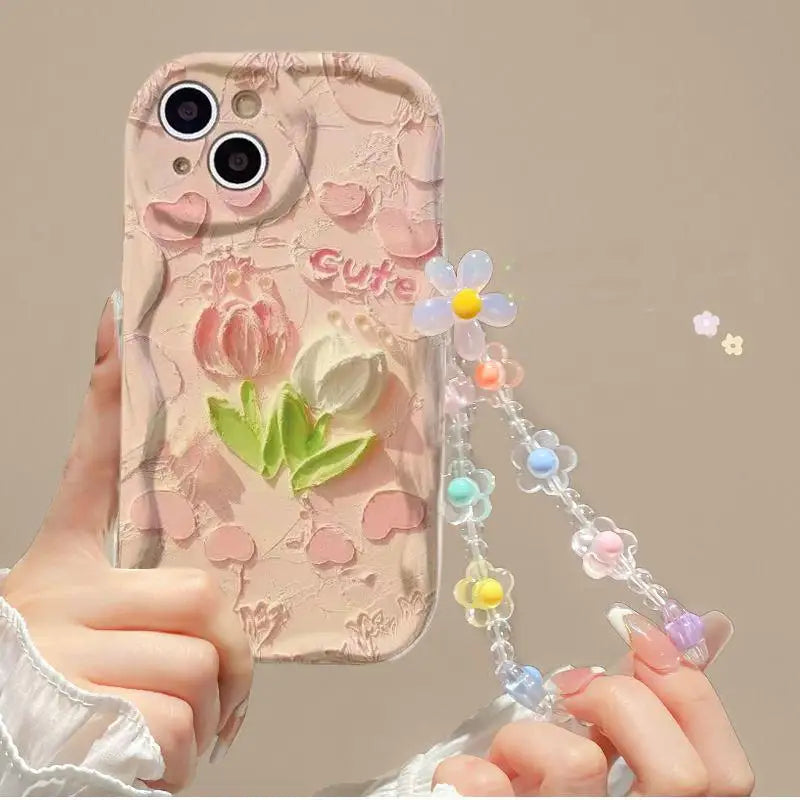 3D Flower Chain Lanyard Phone Case For Redmi Note 13 Pro Plus 5G 13C 4G Soft Wavy Edge Oil Painting Flowers Protective Cover