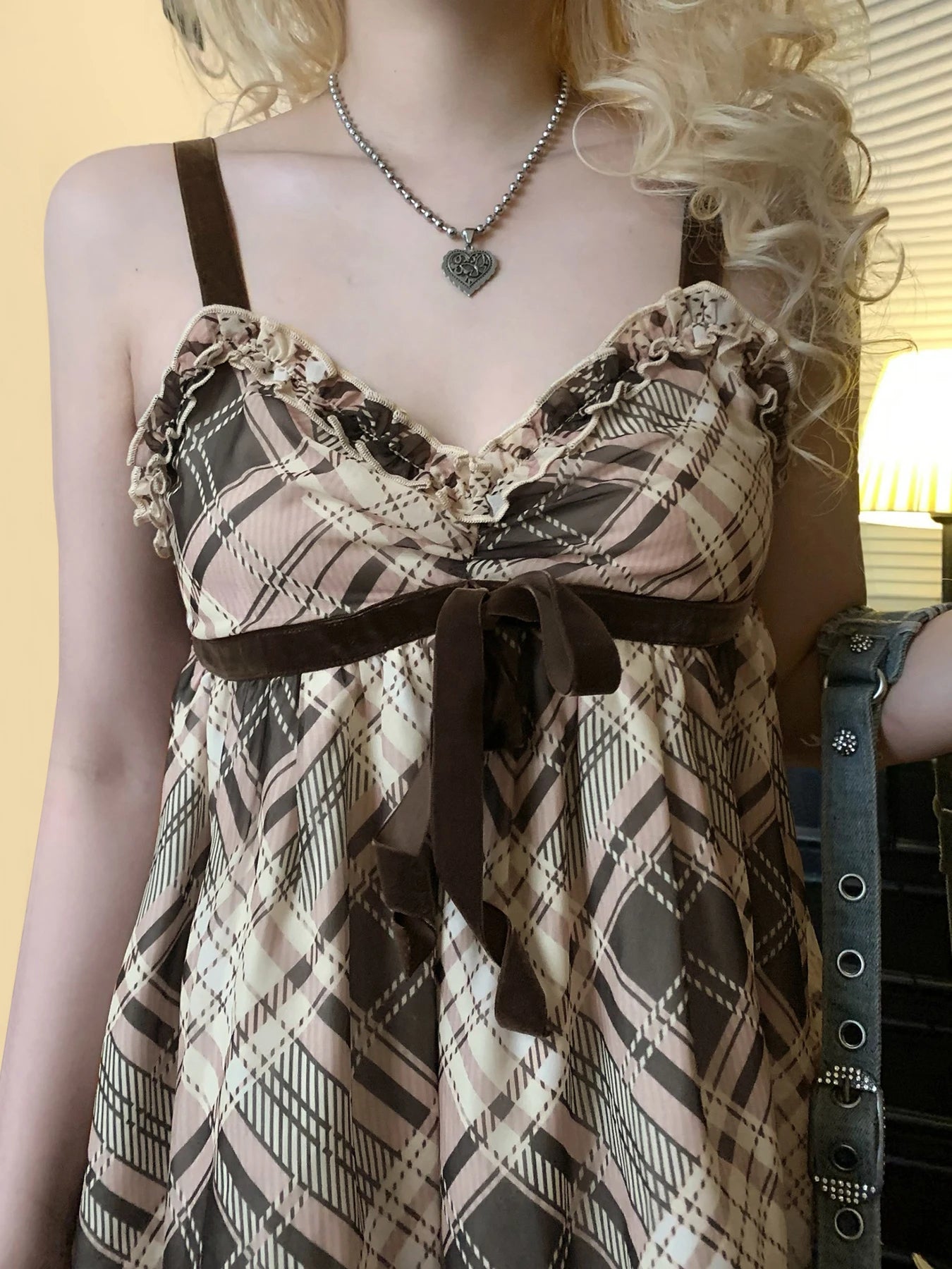 fashion Vintage Y2K Plaid Print Camisole Ruched Harajuku Aesthetic A-line Tops Sleeveless Retro Cute Korean Outfits