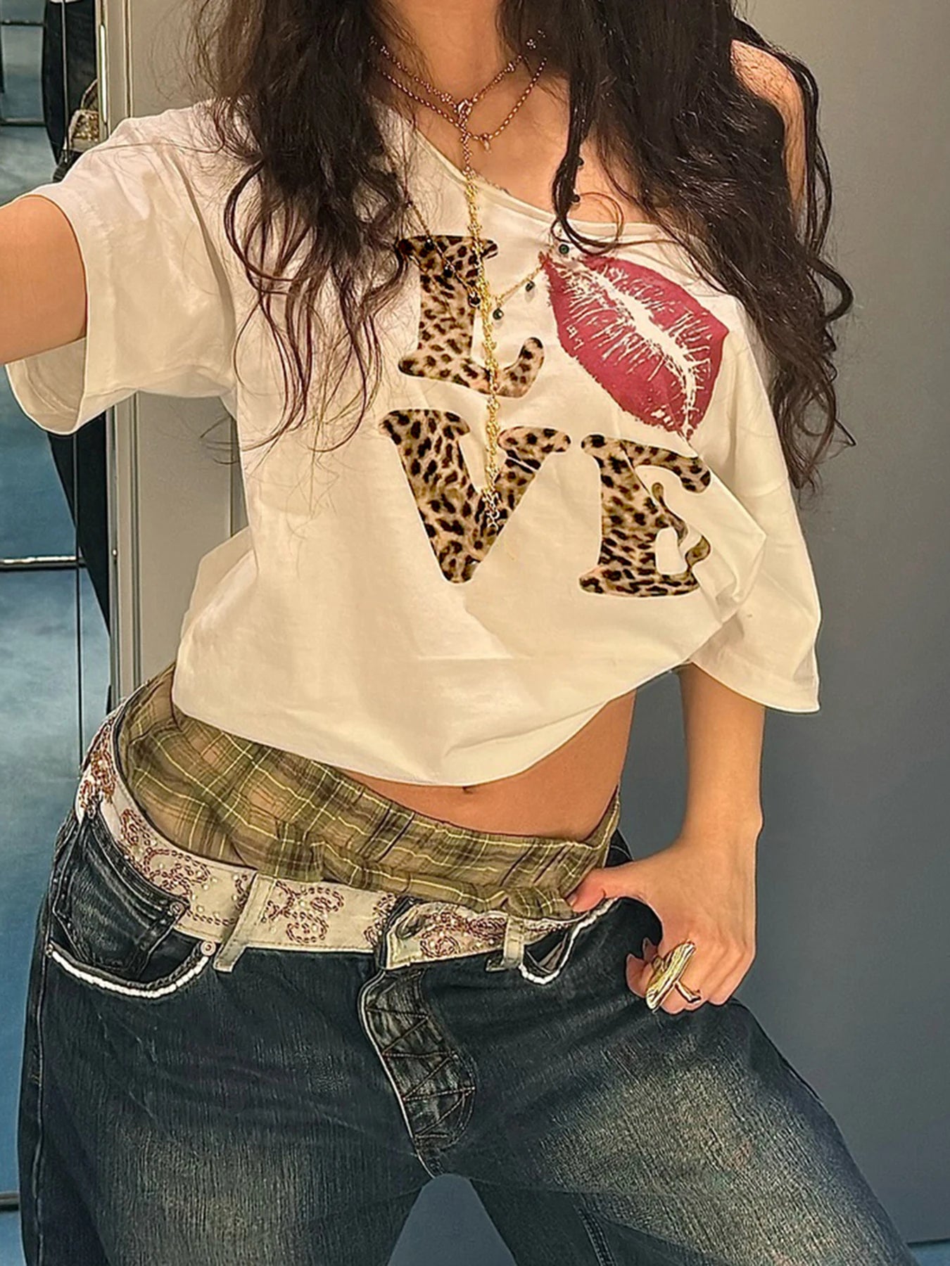 fashionCasual Sexy Crewneck Cropped Tops Slim Streetwear Summer Elastic Vintage Tees Short Sleeved Y2k Punk Clothings