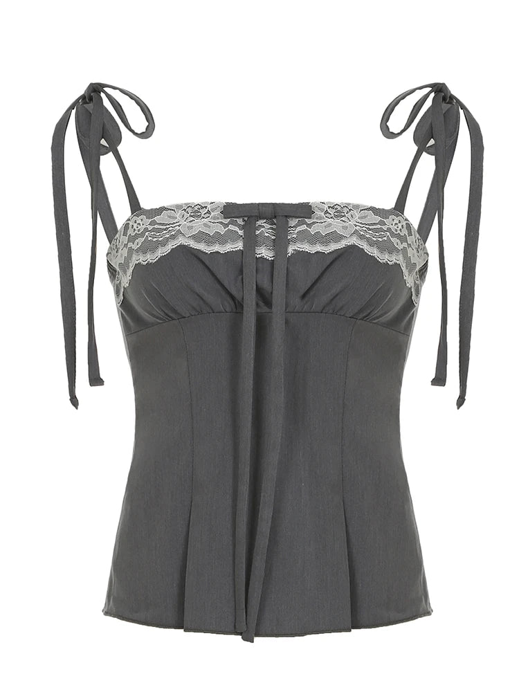 fashion Lace Cute Bow Sexy Camisoles Slim Y2K Aesthetic Backless Top Women's Vest Hot Chic Sweet Casual Lace Up Outfits