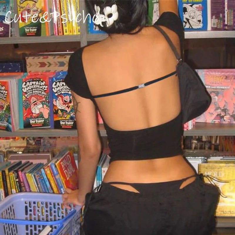 fashion Backless Short Sleeves Crop Tops Crewneck Solid Black 90s Slim Outfits Streetwear Sexy Slim Casual Women's Cloth