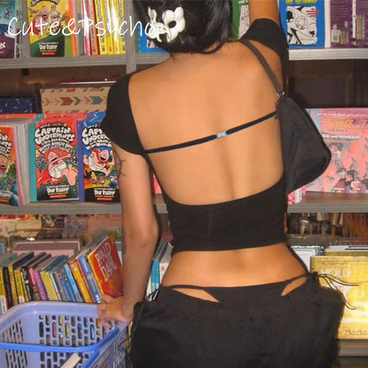 fashion Backless Short Sleeves Crop Tops Crewneck Solid Black 90s Slim Outfits Streetwear Sexy Slim Casual Women's Cloth