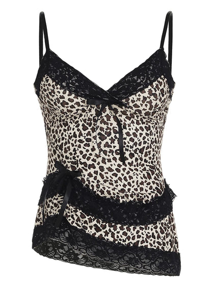fashionLace Patchwork Y2K Camisole Leopard Print Y2K Backless Sexy Cute Tops V-neck Sleeveless Fairycore 2000s Clothes