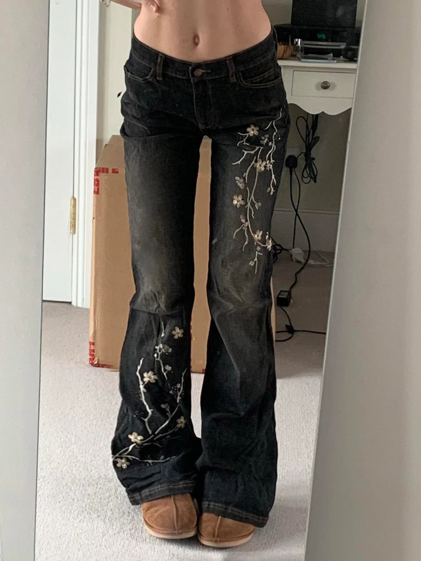 fashion Plant Embroidery Slim Denim Flared Pants Fashion Vintage Chic Retro Sexy Classic Bottoms Solid Streetwear Jeans