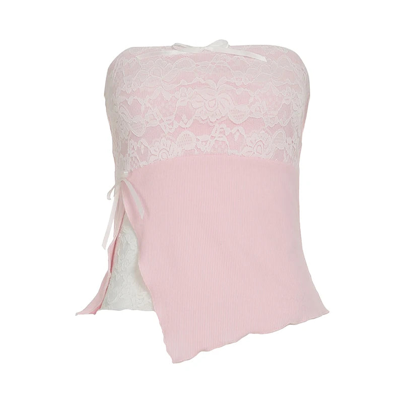 fashionLace Patchwork Slit Sweet Camisole Elastic Sexy Slim Backless Summer Sleeveless Clothings Chic Streetwear Outfits