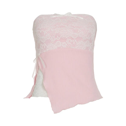 fashionLace Patchwork Slit Sweet Camisole Elastic Sexy Slim Backless Summer Sleeveless Clothings Chic Streetwear Outfits