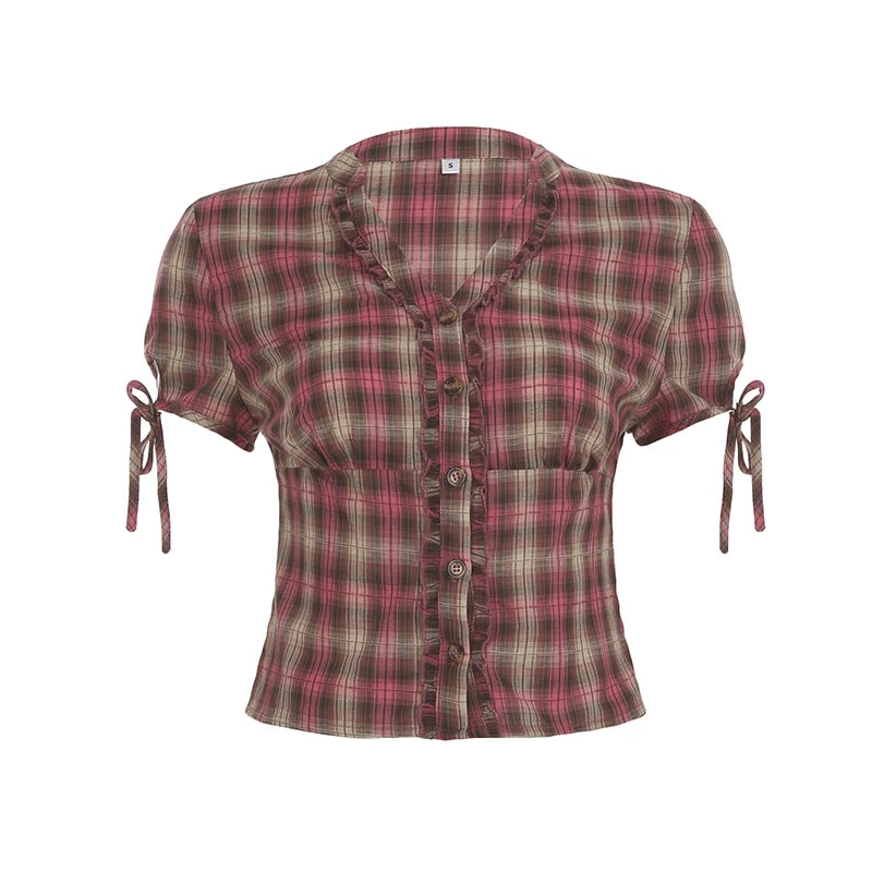 fashionFashion Plaid Print Bow Y2K Crop Tops Lace-up Basic Streetwear 90s Slim Botton Shirts Casual Harajuku Outfits