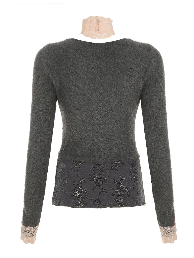 fashion V-neck Korean Aesthetic Slim Tops Lace Patchwork Floral Tee Shirts Hot Sweet Casual Fashion Chic Women's Outfits