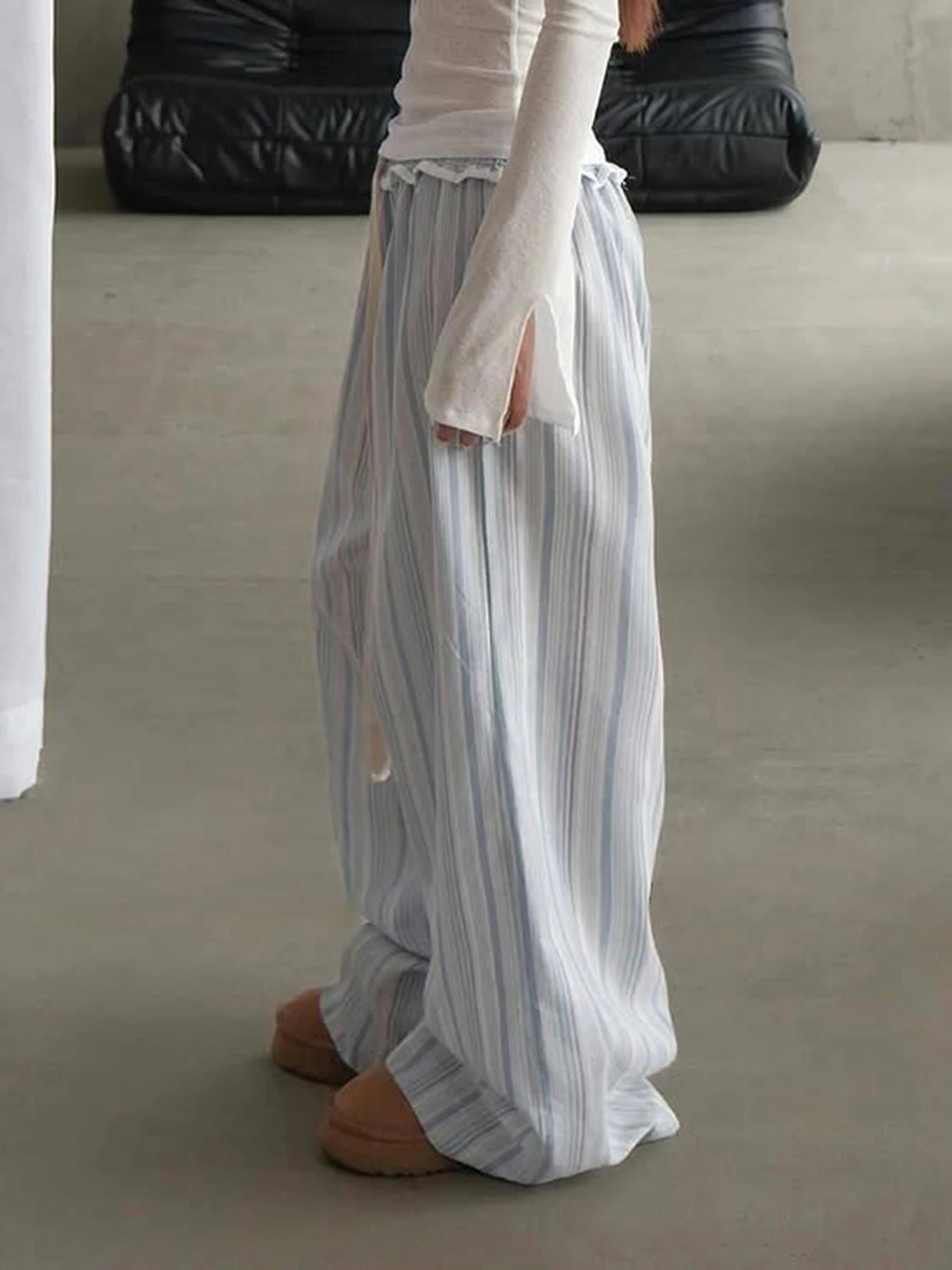 fashion Stringy Selvedge Stripe Casual Pants Drawstring Basic All-match Vintage Blue Chic Trousers Vacation Loose Bottoms