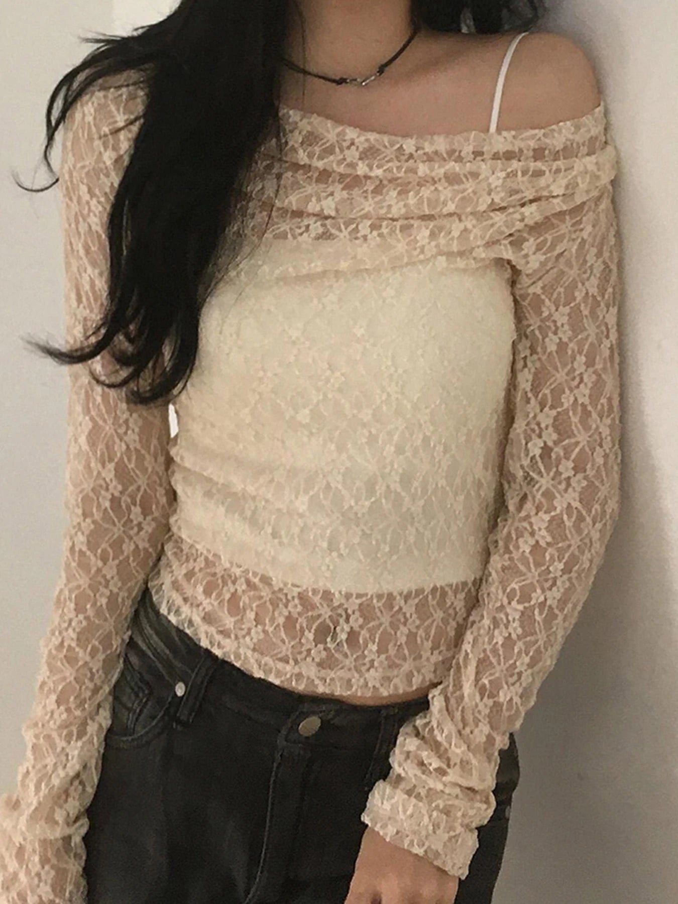 fashionSexy Lace Skew Collar Fashion Smock T-shirts Chic Vintage Retro 90s Hottie Elegant Tees Slim Streetwear Basic Tops