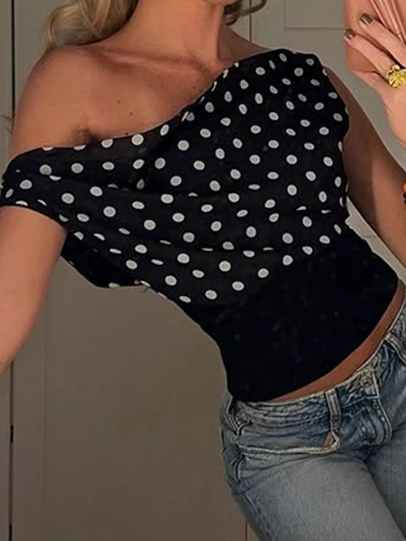 fashionPolka Dot Slim Patchwork Skew Collar Top Casual Chic Vintage Sleeveless Summer Clothings Streetwear Basic T-shirt