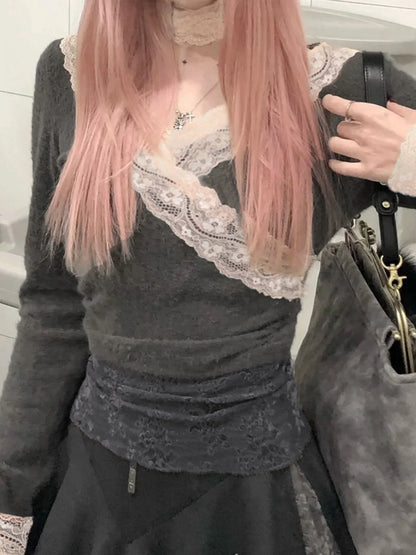 fashion V-neck Korean Aesthetic Slim Tops Lace Patchwork Floral Tee Shirts Hot Sweet Casual Fashion Chic Women's Outfits