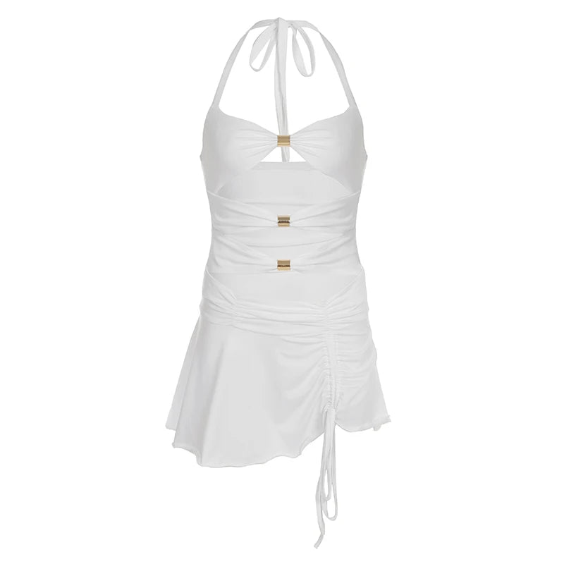 fashion Solid Hollow Out Deep V-neck Dress Backless Halter Sexy Party Slim Chic Clothes Bodycon Sleeveless Summer Outfits